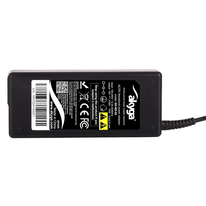 Akyga AK-ND-02 fonte de alimentação para portátil 19 V / 3,95 A, 75 W, 5,5 x 2,5 mm, 1,2 m, para ASUS / Toshiba / Lenovo