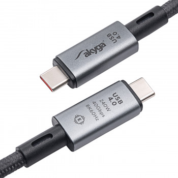 Cabo Akyga AK-USB-45 trançado USB-C para USB-C, USB4, 40 Gbit/s, 240 W, 1 m, cinzento