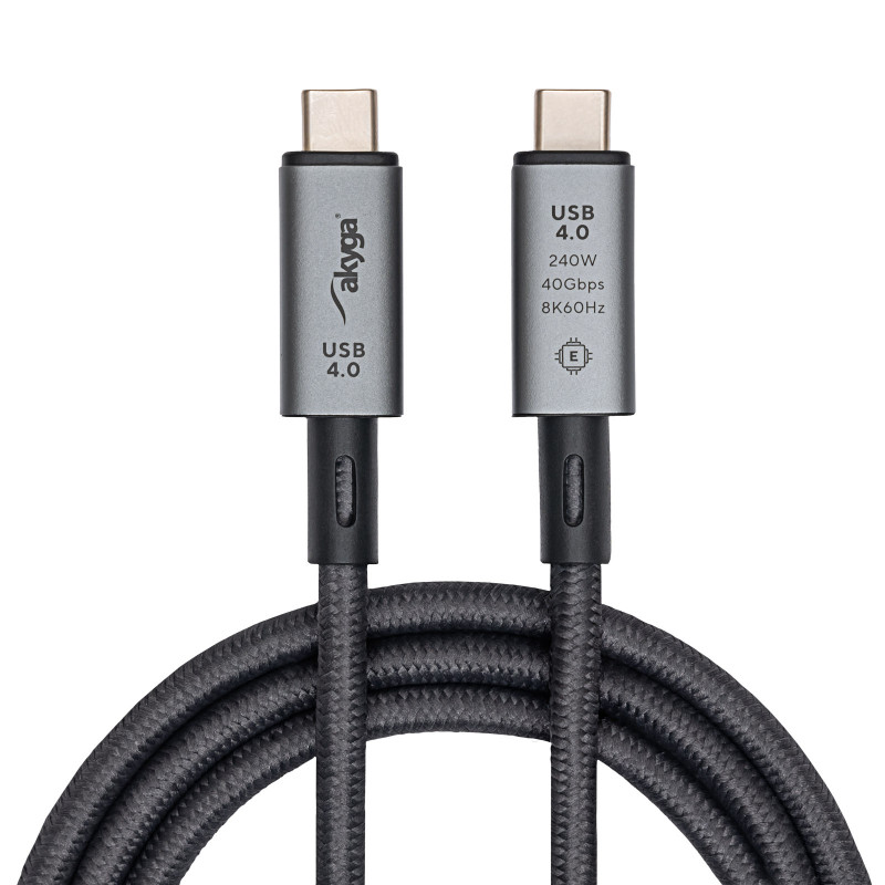 Cabo Akyga AK-USB-45 trançado USB-C para USB-C, USB4, 40 Gbit/s, 240 W, 1 m, cinzento