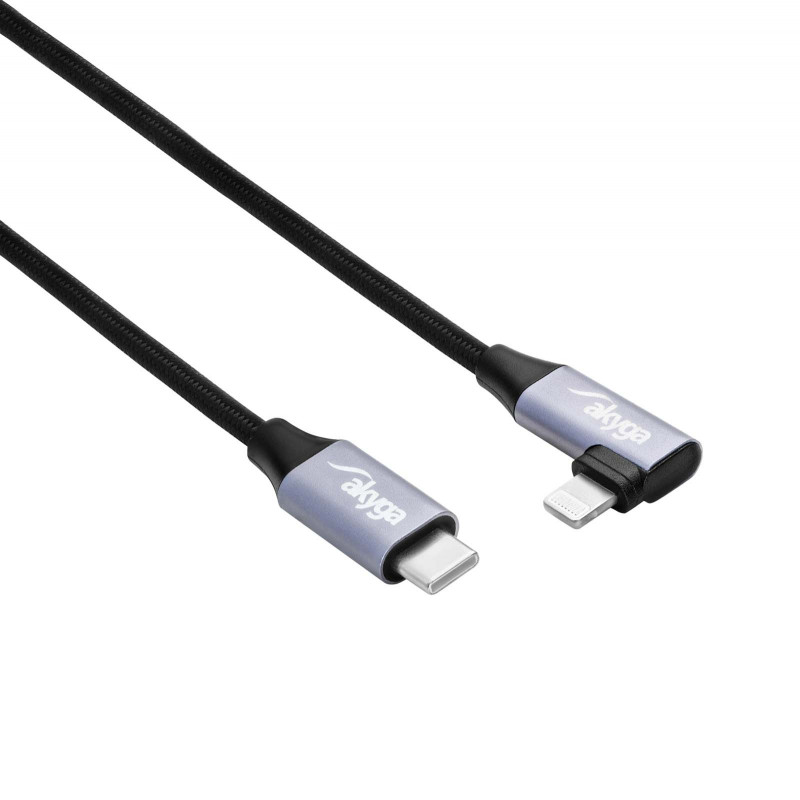 Cabo Akyga AK-USB-56 trançado USB-C para Lightning com ficha angular, USB 2.0, 30 W, 1 m, preto