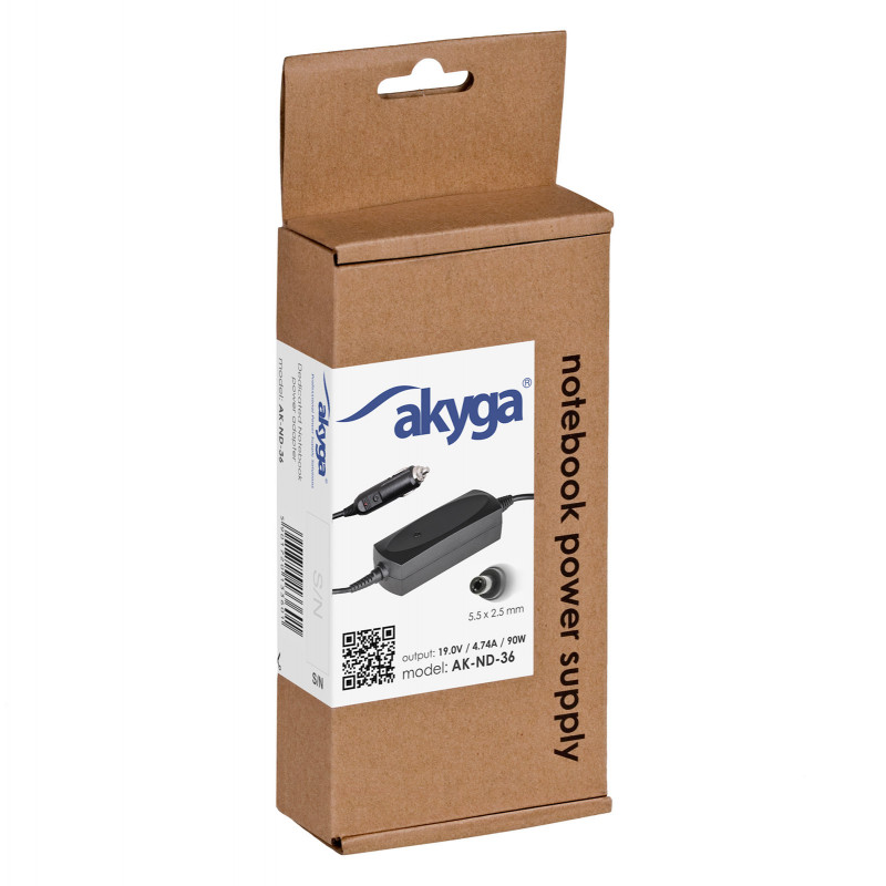 Fonte de alimentação para portátil de automóvel Akyga AK-ND-36 19 V / 4,74 A, 90 W, 5,5 x 2,5 mm, para ASUS / Toshiba