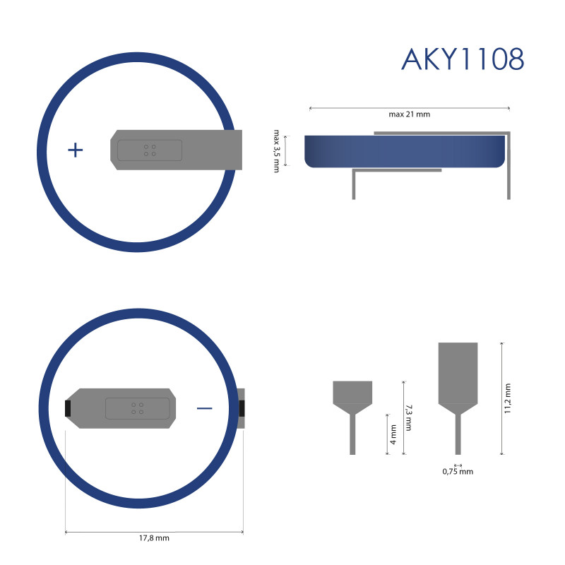 Akyga AKY1108 pilha de lítio CR2032 HP2C 3 V 210 mAh com 2 pinos, espaçamento 17,8 mm (THT)