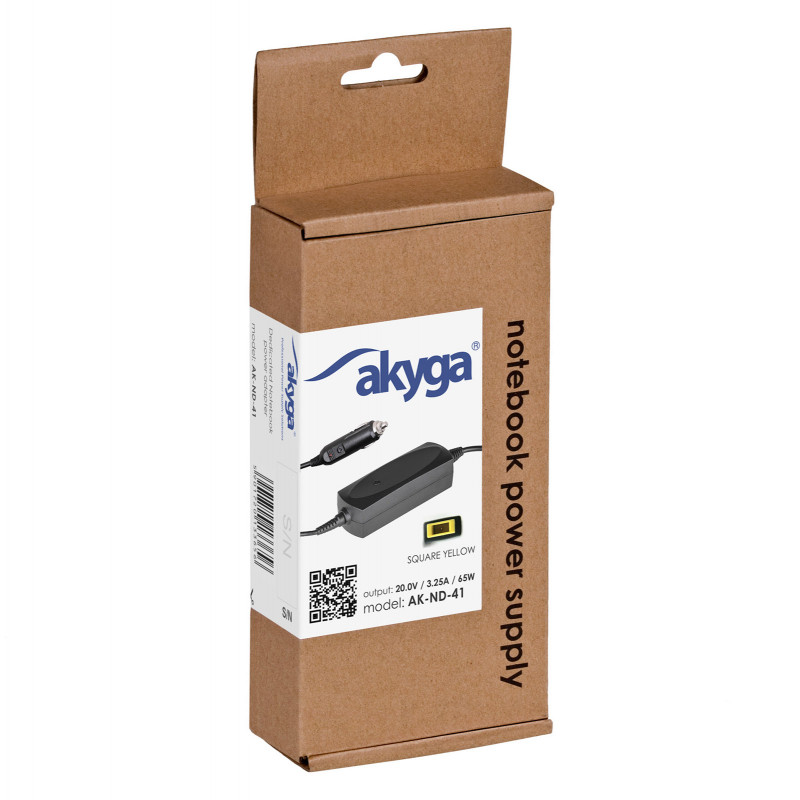 Akyga AK-ND-41 fonte de alimentação para portátil de automóvel 20 V / 3,25 A, 65 W, Slim Tip, para Lenovo