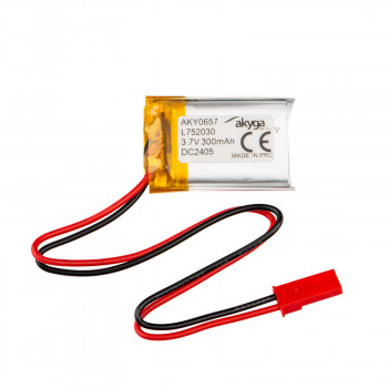 Bateria Li-Po Akyga AKY0657 LP752030 3,7 V 300 mAh com PCM, ficha JST 2,54 mm 2 pinos, cabo de 150 mm
