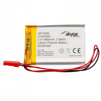 Bateria Li-Po Akyga AKY0392 LP453350 3,7 V 800 mAh com PCM, ficha JST 2,54 mm 2 pinos, cabo de 150 mm