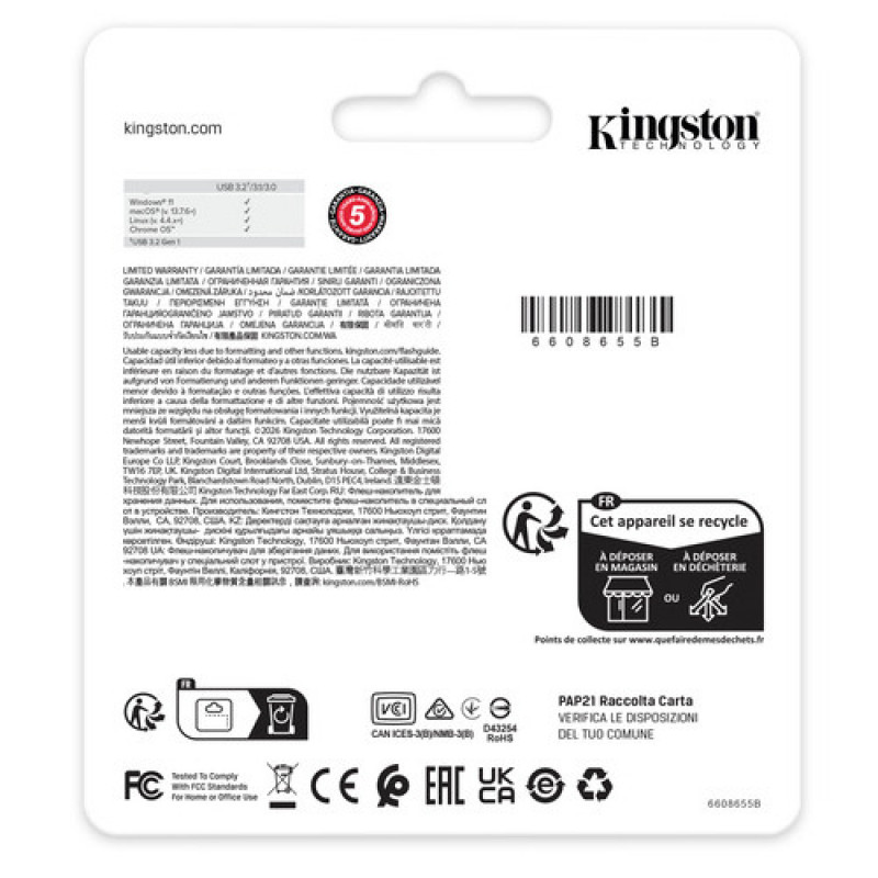 Kingston DataTraveler Kyson DTKNG2/128GB pen USB, 128 GB, USB 3.2 Gen 1, metálica