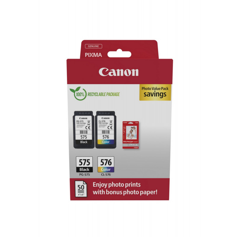 Canon PG-575/CL-576 Photo Value Pack, cartuchos de tinta preto + cor (2 un.) com papel fotográfico
