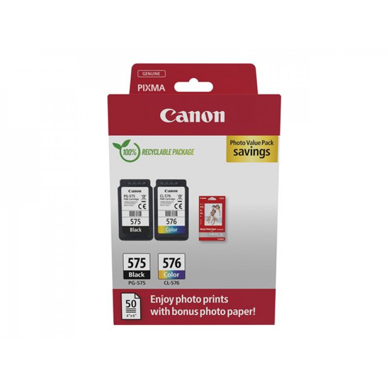 Canon PG-575/CL-576 Photo Value Pack, cartuchos de tinta preto + cor (2 un.) com papel fotográfico