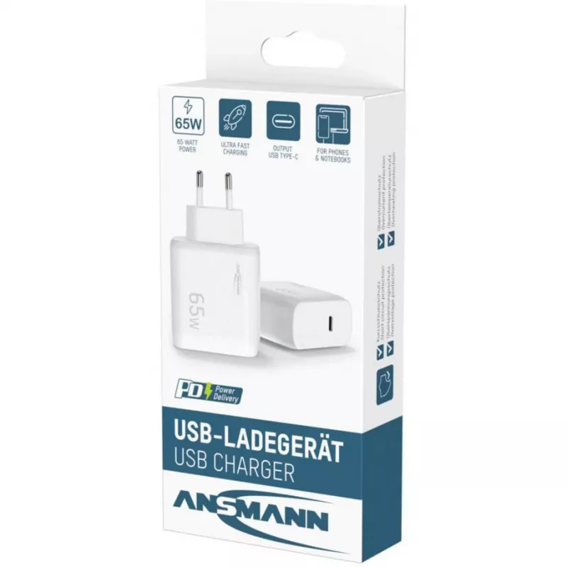 Ansmann Home Charger HC165PD carregador USB, 1x USB-C, PPS, PD, Quick Charge, 65 W, branco