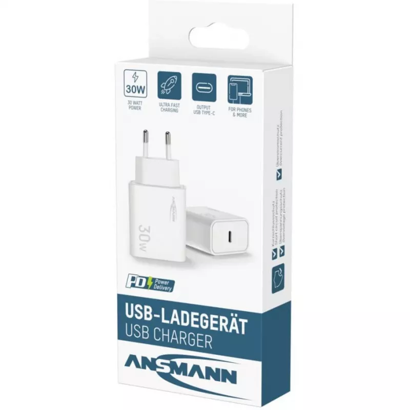 Ansmann Home Charger HC130PD carregador USB, 1x USB-C, PPS, PD, Quick Charge, 30 W, branco