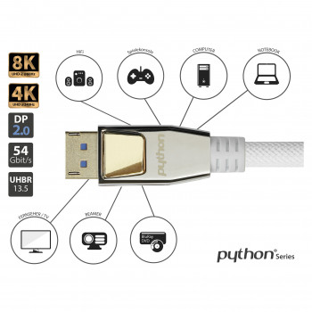 Good Connections Python DP20-PY010W cabo DisplayPort 2.0, 54 Gbit/s, UHBR 13.5, nylon entrançado, branco, 1 m