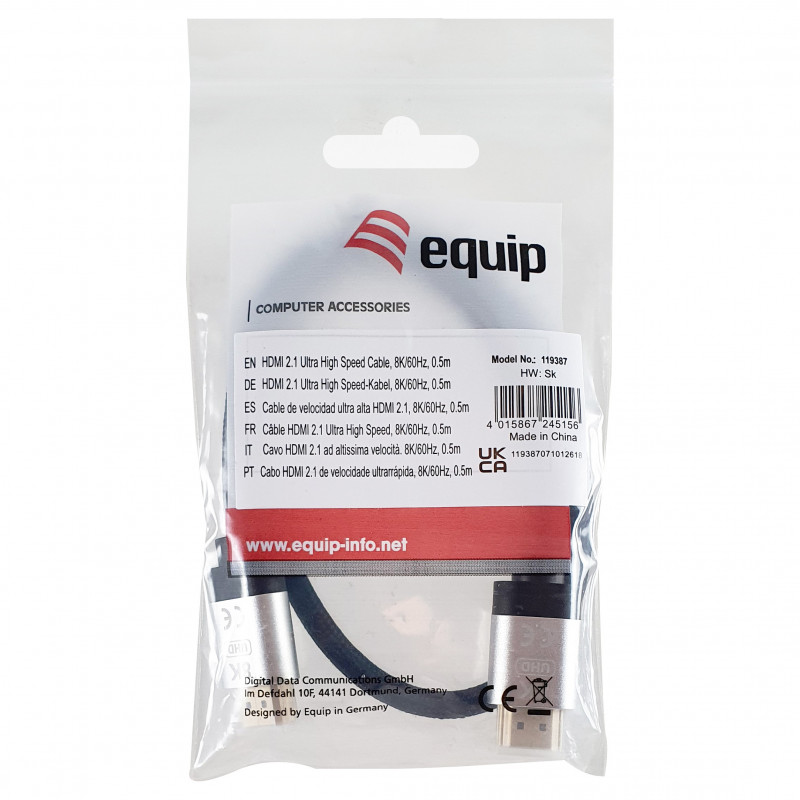 Equip 119387 cabo HDMI 2.1 Ultra High Speed com Ethernet, 48 Gbps, 8K/60 Hz, preto, 0,5 m
