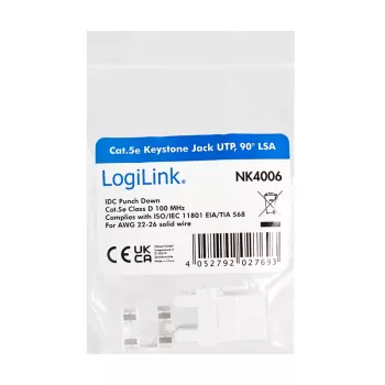 LogiLink NK4006 módulo keystone RJ45, Cat.5e UTP, ligação por deslocamento 90°, branco