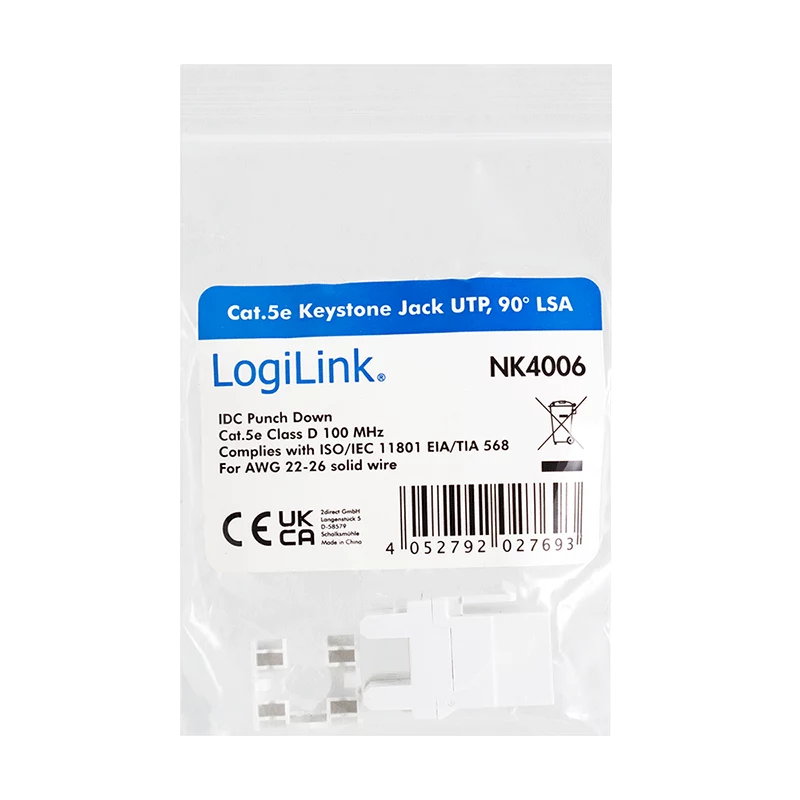LogiLink NK4006 módulo keystone RJ45, Cat.5e UTP, ligação por deslocamento 90°, branco
