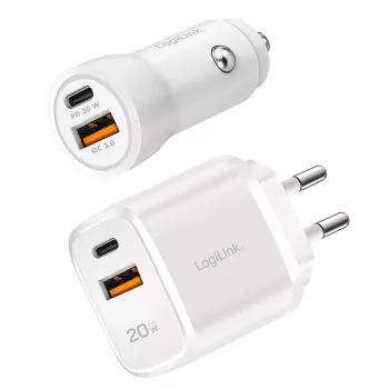 LogiLink PA0374 kit de carregamento USB-A/C, 20 W, 1x USB-A e 1x USB-C, branco