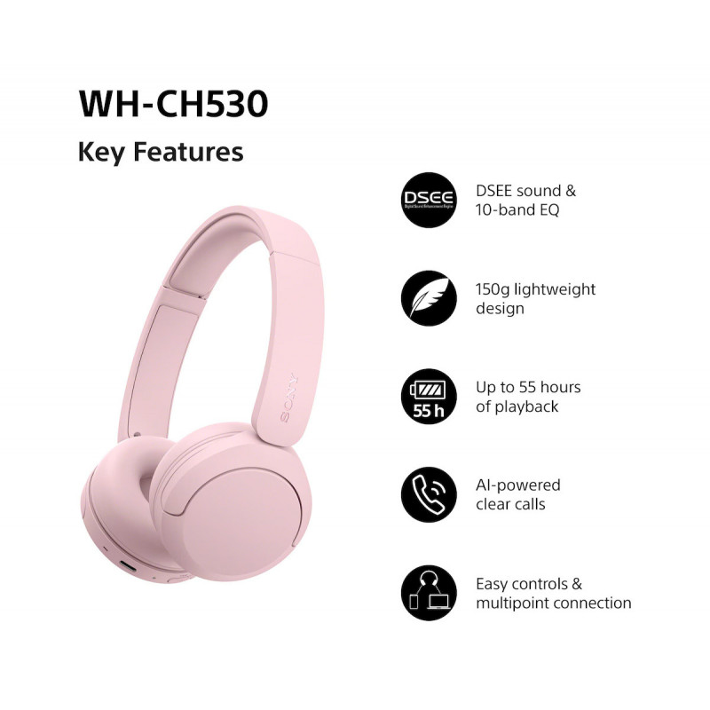 Sony WH-CH530 auscultadores Bluetooth supra-auriculares com microfone, redução de ruído, rosa