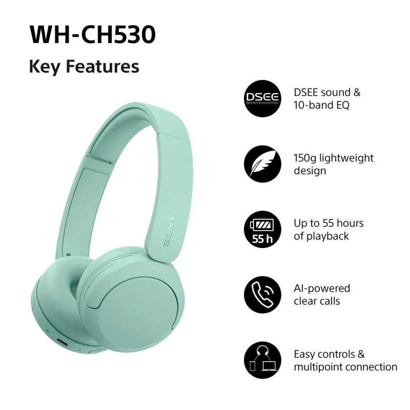 Sony WH-CH530 auscultadores Bluetooth sem fios, menta