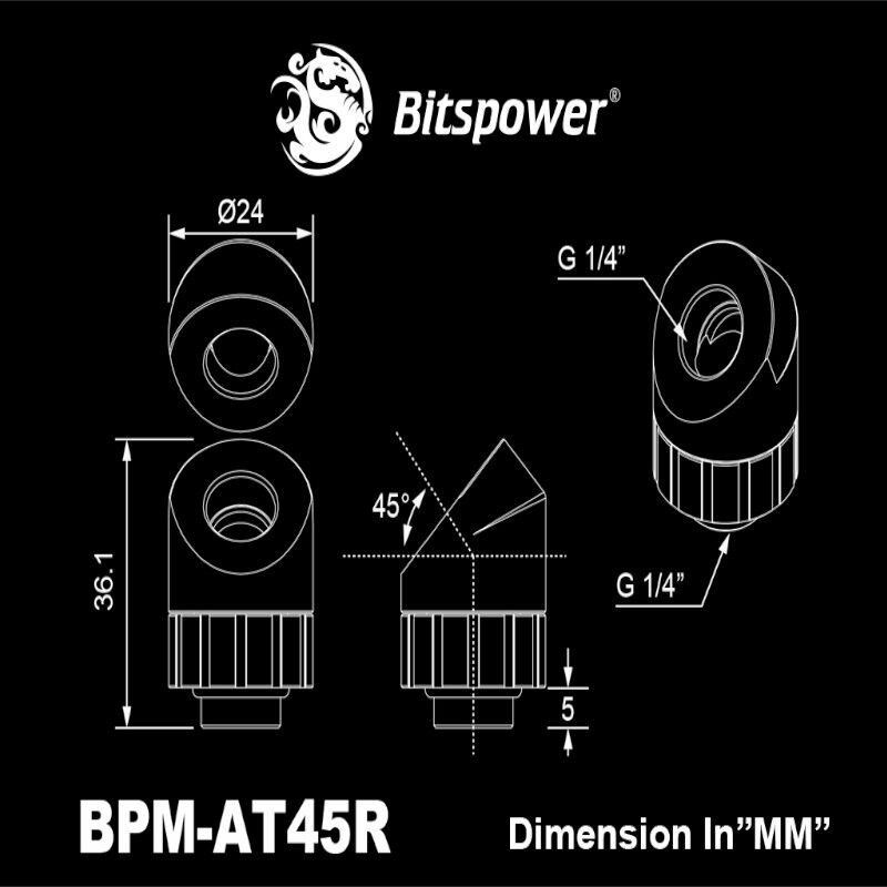 Bitspower Artemis BPM-AT45R-SL ligação giratória a 45°, prateado jateado