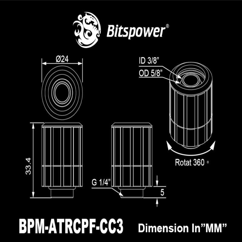 Bitspower Artemis BPM-ATRCPF-CC3-SL ligação reta giratória, rosca macho G1/4 para tubo de 16/10 mm, prateado jateado