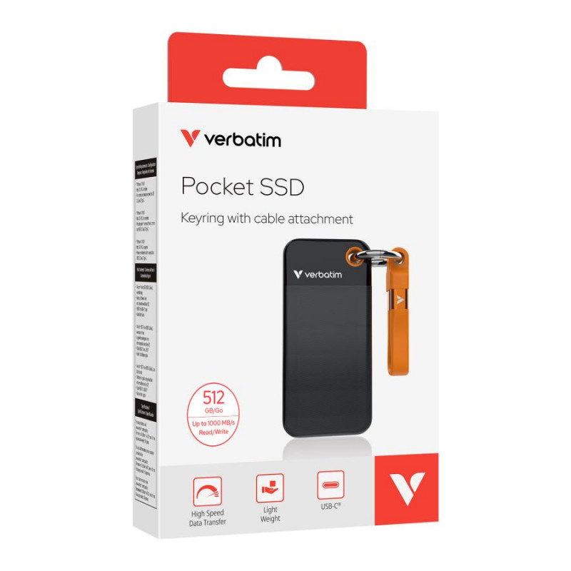 SSD portátil Verbatim Pocket 32285, 512 GB, USB 3.2 Type-C, preto/laranja