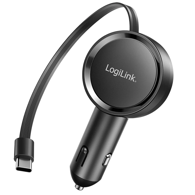LogiLink PA0400 carregador USB-C para automóvel, 1 porta, PD 3.0, 30 W, cabo retrátil, 0,8 m