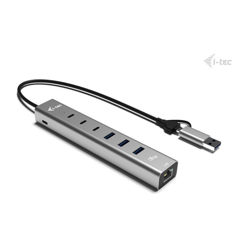 i-tec CAHUBMETAL6LANPD hub USB-C/USB-A em metal, 6 portas, Gigabit LAN, Power Delivery 85 W, prateado