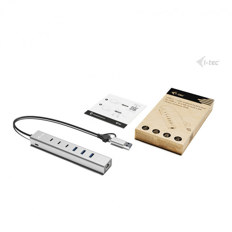 i-tec CAHUBMETAL6LANPD hub USB-C/USB-A em metal, 6 portas, Gigabit LAN, Power Delivery 85 W, prateado