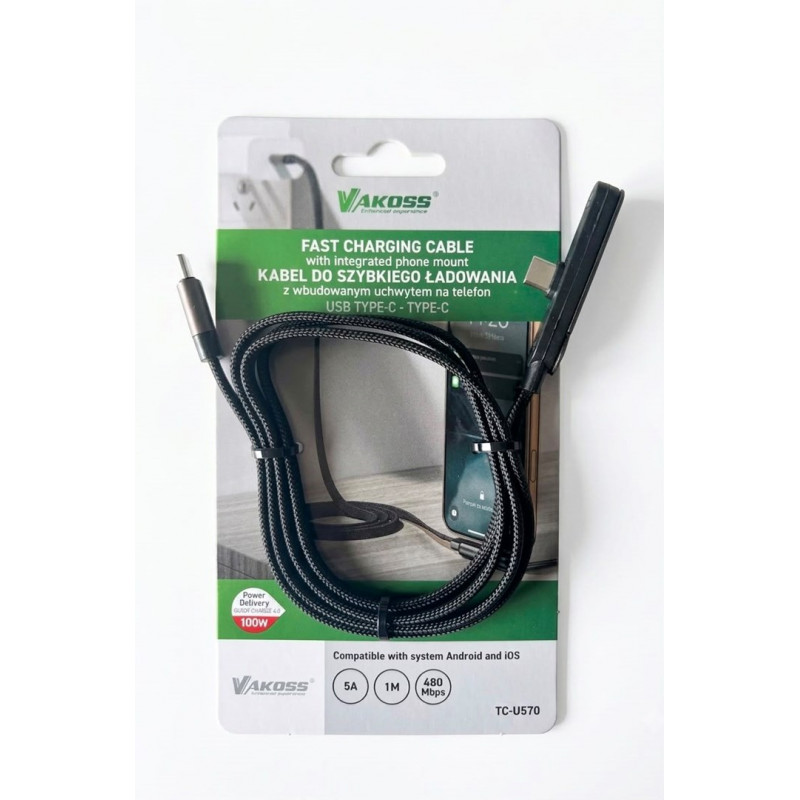 Vakoss TC-U570 cabo USB-C para USB-C com função de suporte, 100 W, 1 m, preto
