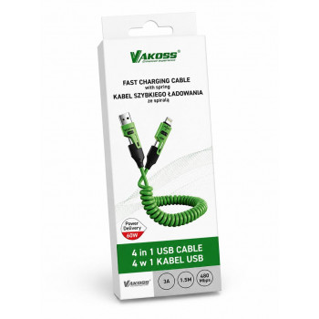 Vakoss MLU680G cabo 4 em 1, 1,5 m, 60 W, 3 A, QC/PD, verde