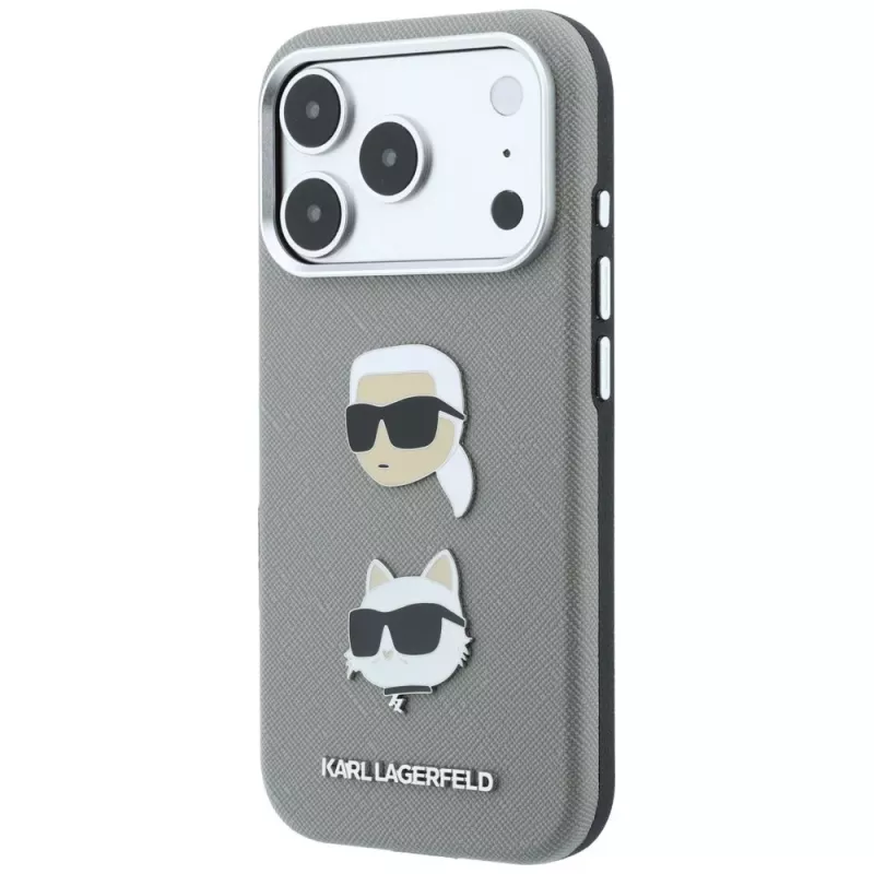 Karl Lagerfeld KF003253 capa Saffiano com Karl & Choupette Heads Pins e logótipo para iPhone 18 Pro / 17 Pro, cinzenta
