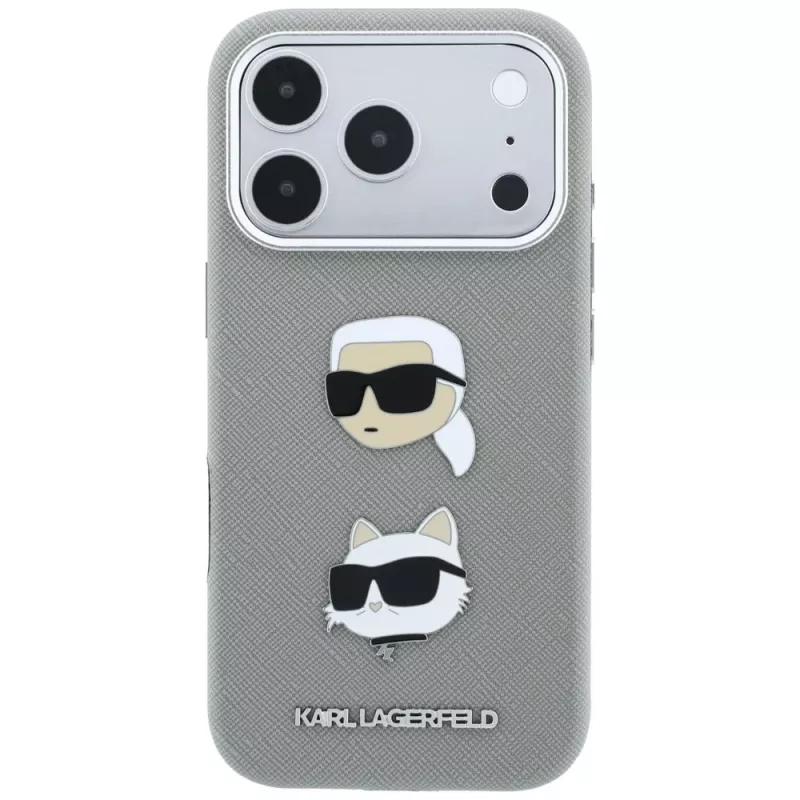 Karl Lagerfeld KF003253 capa Saffiano com Karl & Choupette Heads Pins e logótipo para iPhone 18 Pro / 17 Pro, cinzenta