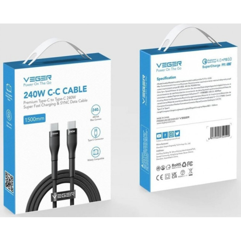 Veger CC03 cabo USB-C para USB-C, PD 48 V 5 A 240 W, 1,5 m, preto
