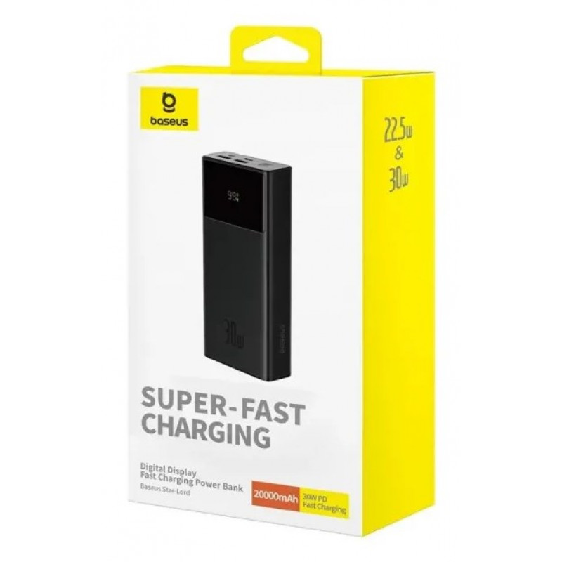 Baseus Star-Lord bateria externa, 20000 mAh, 30 W, com ecrã e cabo, preta