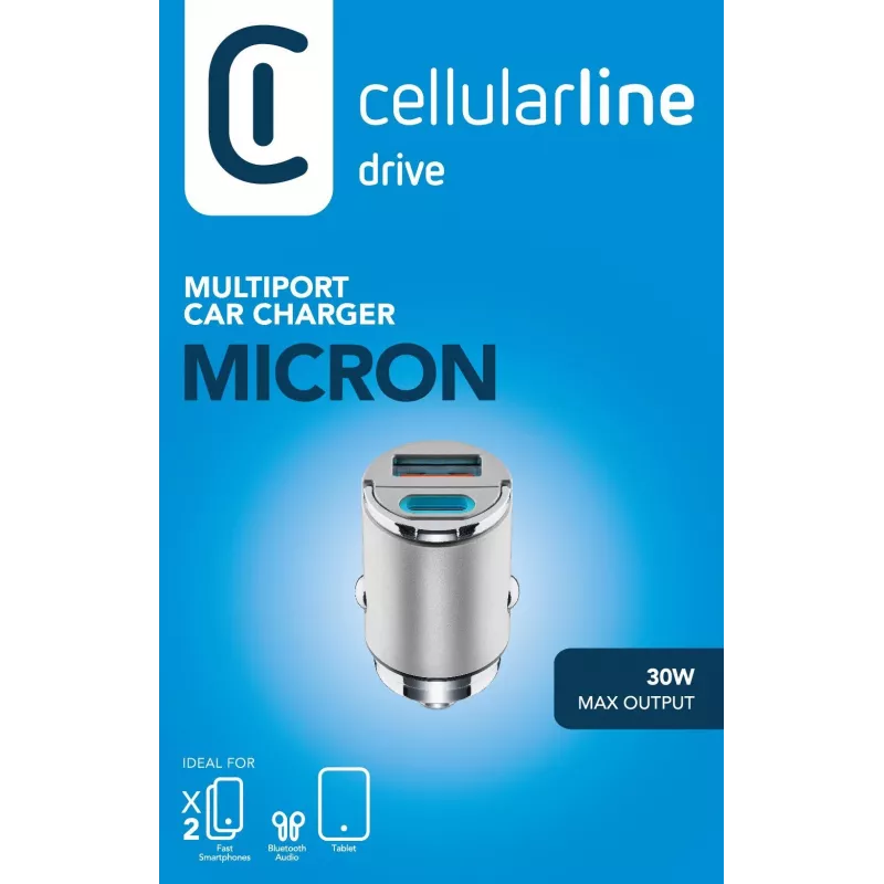 Cellularline Micron carregador de automóvel de 30 W, multiporta USB-C/USB-A
