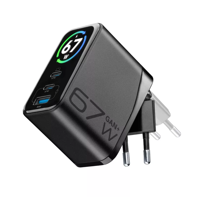 Cellularline TFT Multiport Charger 67 W carregador rápido, GaN, 2 x USB-C, 1 x USB-A