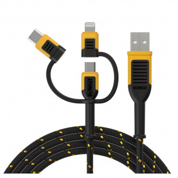 Cabo USB Dewalt DXMA131-1356-DWG de USB-A para USB-C + microUSB + Lightning, 1,8 m, preto