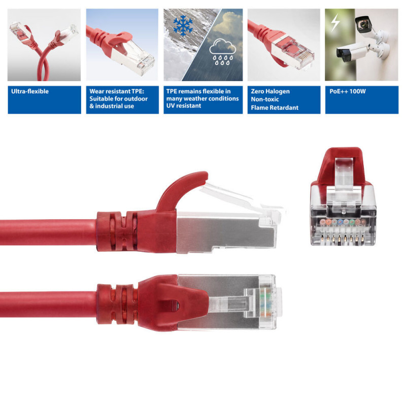 ACT FC2552 cabo de rede CAT6A S/FTP ultraflexível, 0,25 m, TPE, RJ45, com proteção anti-enganche, vermelho