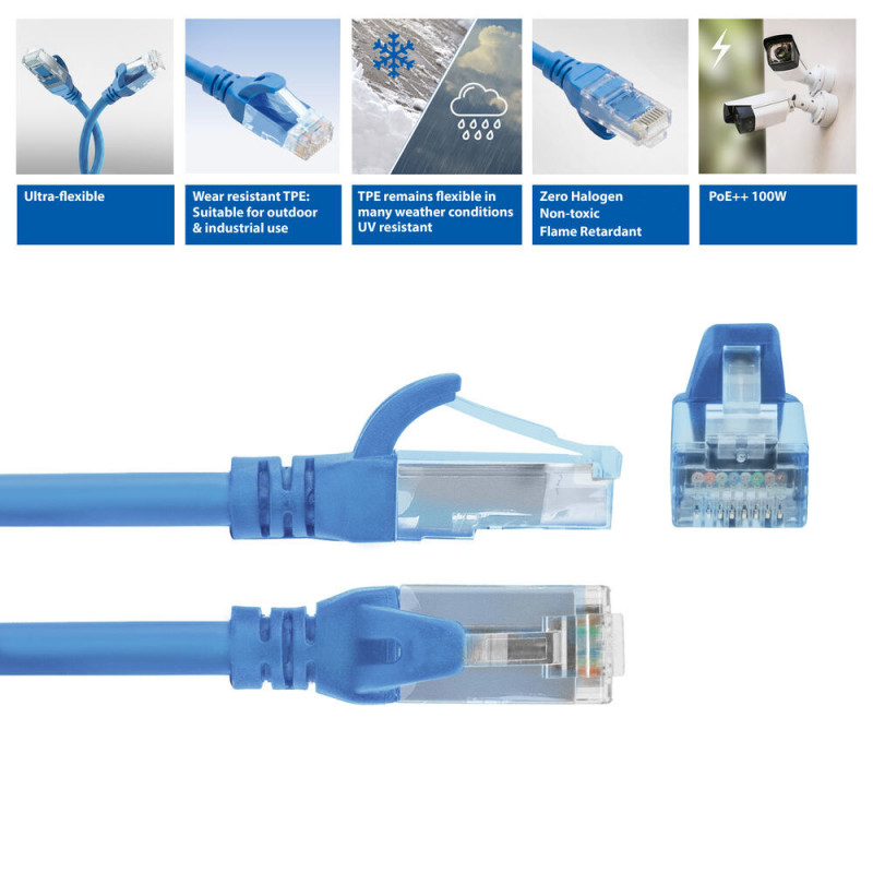 ACT FC1652 cabo de ligação CAT6A U/UTP ultraflexível com fichas RJ45, 0,25 m, TPE, com proteção contra enganchamento, azul
