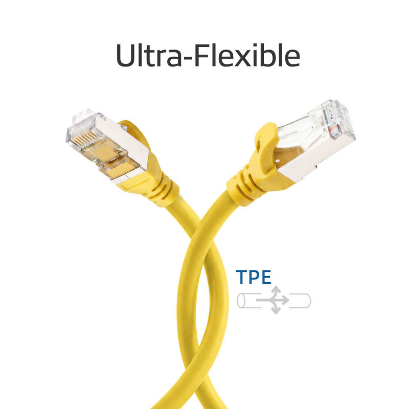 ACT FC2852 cabo de rede S/FTP CAT6A, 0,25 m, TPE, ultraflexível, com proteção anti-enganche, RJ45, amarelo
