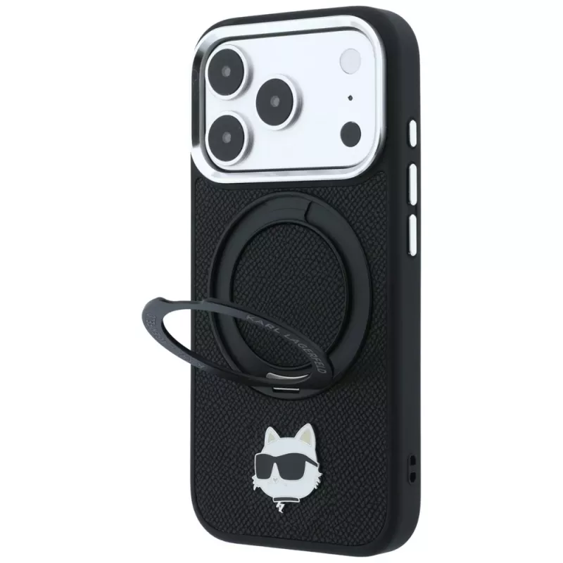 Karl Lagerfeld KF003216 Ring Stand 360 Choupette Head Pin MagSafe capa para iPhone 18 Pro Max / 17 Pro Max, preta