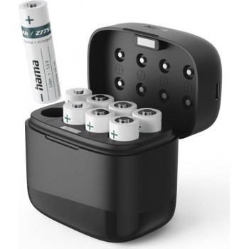 Hama carregador de pilhas com 8 pilhas recarregáveis AA Li-Ion, 2000 mAh, carregamento por ranhura individual, USB-C