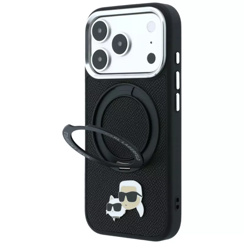 Karl Lagerfeld Ring Stand 360 Karl & Choupette Heads Pin capa com MagSafe para iPhone 18 Pro / 17 Pro, preta