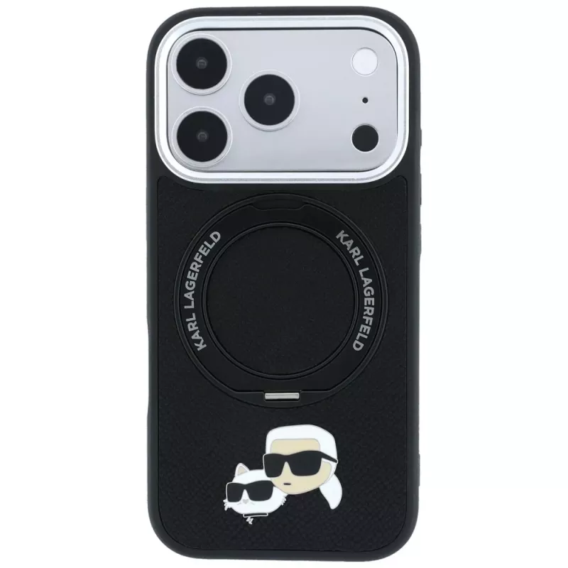 Karl Lagerfeld Ring Stand 360 Karl & Choupette Heads Pin capa com MagSafe para iPhone 18 Pro / 17 Pro, preta
