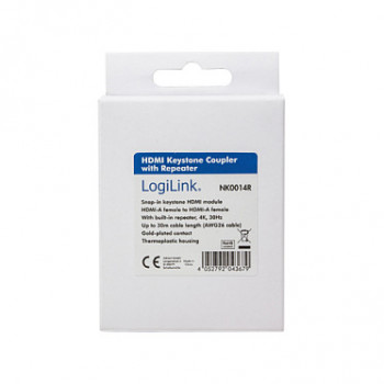 LogiLink NK0014R acoplador HDMI keystone A/F para HDMI A/F, 4K/30 Hz, repetidor, branco