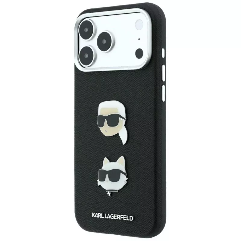 Karl Lagerfeld KF003250 capa para iPhone 18 Pro Max / 17 Pro Max, Saffiano with Karl & Choupette Heads Pins & Logo, preta