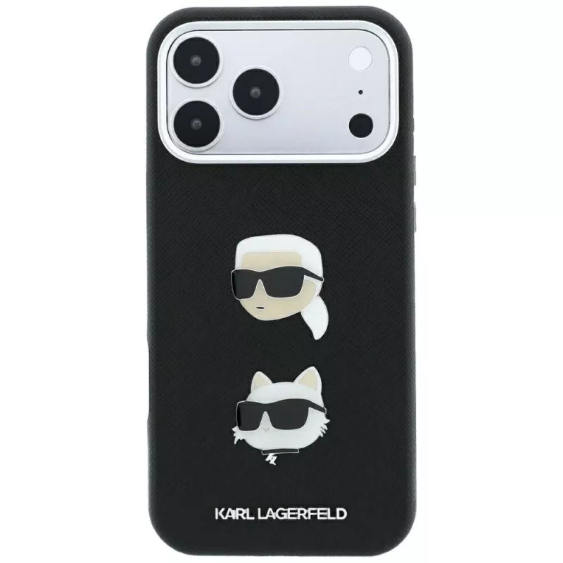 Karl Lagerfeld KF003250 capa para iPhone 18 Pro Max / 17 Pro Max, Saffiano with Karl & Choupette Heads Pins & Logo, preta
