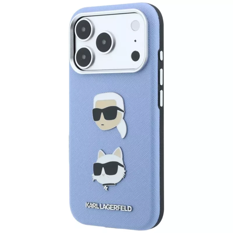 Karl Lagerfeld KF003247 capa Saffiano com Karl & Choupette Heads Pins & Logo para iPhone 18 Pro / 17 Pro, azul-claro