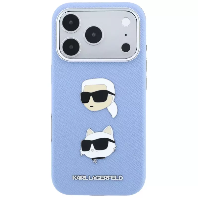 Karl Lagerfeld KF003247 capa Saffiano com Karl & Choupette Heads Pins & Logo para iPhone 18 Pro / 17 Pro, azul-claro