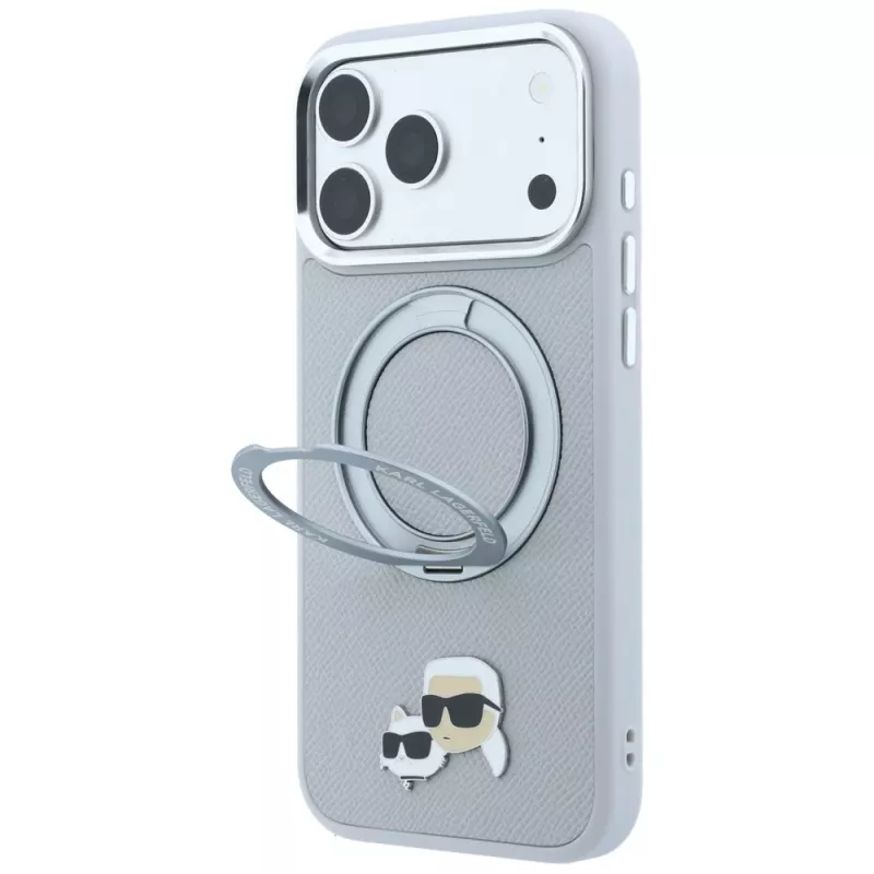 Capa Karl Lagerfeld KF003229 com anel de suporte 360 Karl & Choupette Heads Pin MagSafe para iPhone 18 Pro / 17 Pro, cinzenta