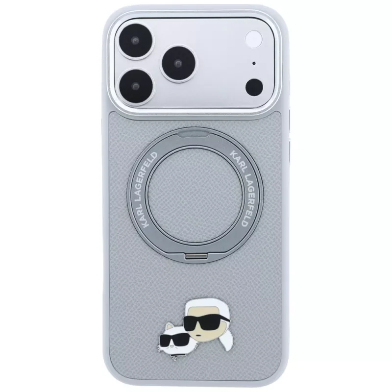 Capa Karl Lagerfeld KF003229 com anel de suporte 360 Karl & Choupette Heads Pin MagSafe para iPhone 18 Pro / 17 Pro, cinzenta